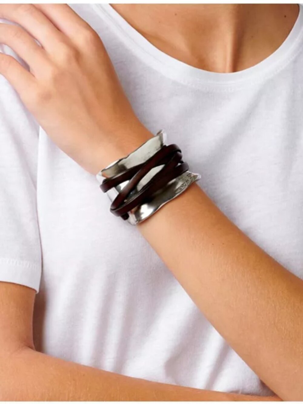 UNOde50 - Sterling Silver + Brown Leather Wrap Bracelet with Metal Accent